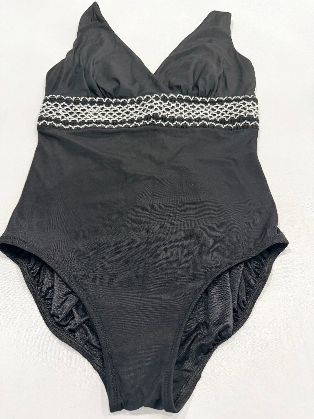 VTG Longitude Black Surplice One Piece Swimsuit Smocked Waist Tummy Control 12